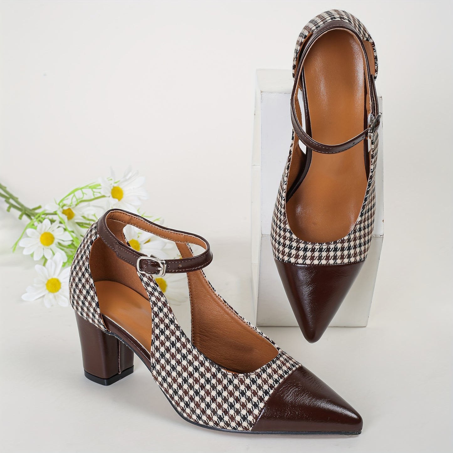 Women's Houndstooth Pattern Shoes, Ankle Buckle Strap Chunky Heel Soft Sole Shoes, Elegant Point Toe Dress Shoes