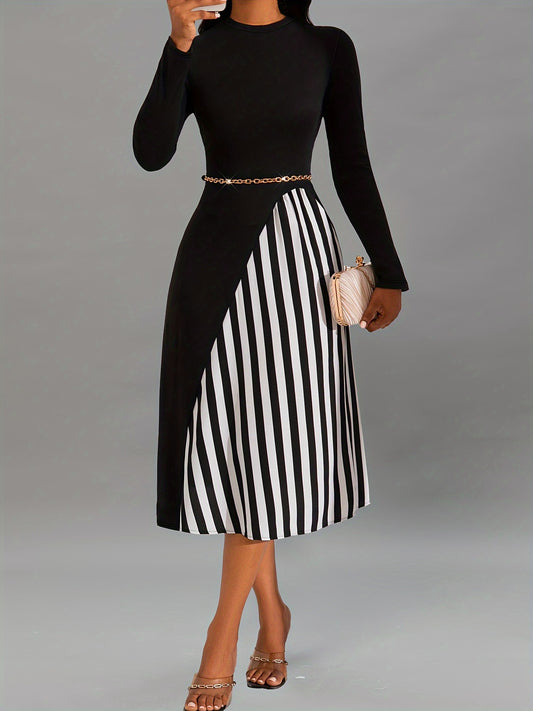 Striped Print Color Block Dress, Elegant Crew Neck Long Sleeve Dress, Women's Clothing