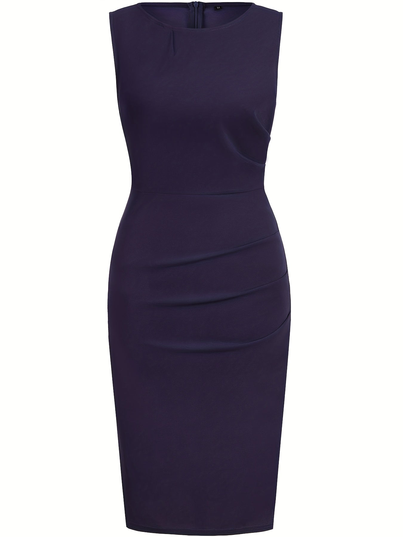 Ruched Pencil Dress, Elegant Crew Neck Sleeveless Work Office Dress, Women's Clothing