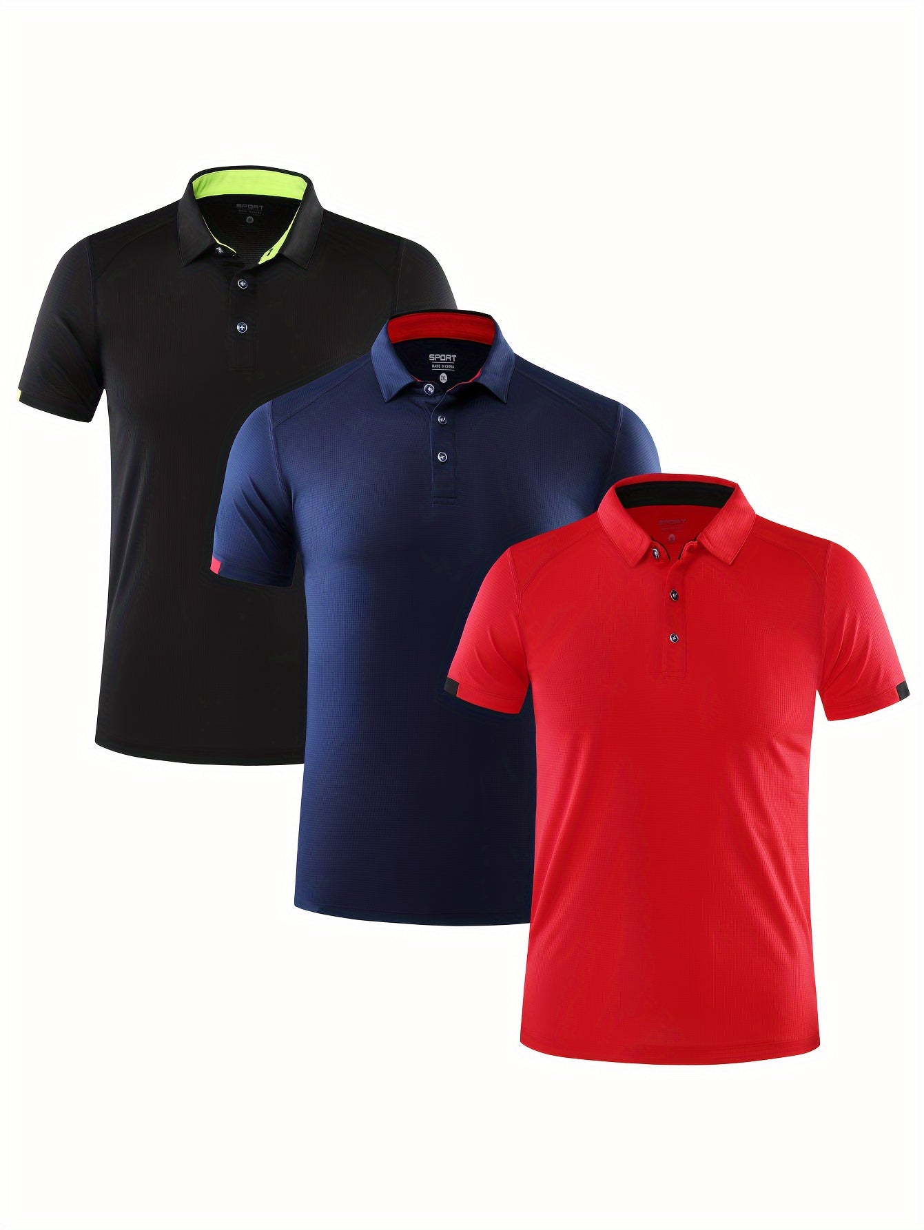 3-Pack Men's Breathable Quick-Dry Sports Polo Shirts - 100% Polyester Knit Fabric, Lightweight, Moisture-Wicking, Short Sleeve, Regular Fit for Spring/Summer/Fall - Sports Tees with Polo Collar & Button Detail