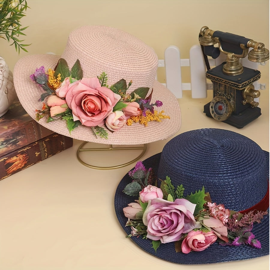 Handmade Flower Straw Hat Solid Color Elegant Beach Sunscreen Hat Small Top Hats Easter For Women