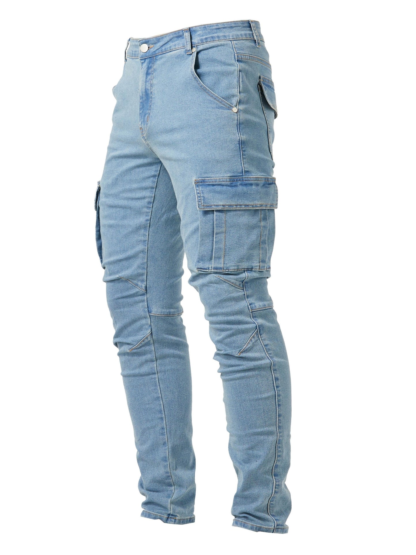 Slim Fit Multi Pocket Jeans, Men's Casual Street Style Medium Stretch Denim Cargo Pants