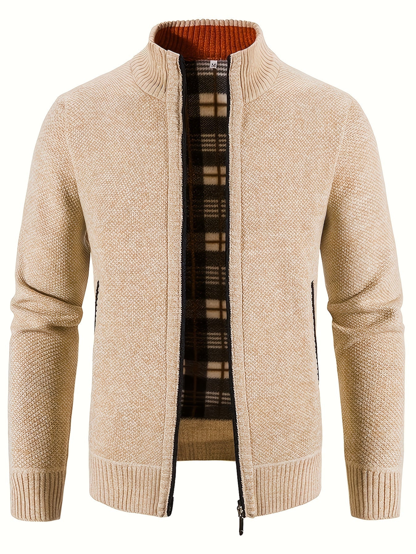 Warm Stand Collar Jacket, Men's Casual Comfortable Zip Up Zipper Pockets Knitted Cardigan For Fall Winter