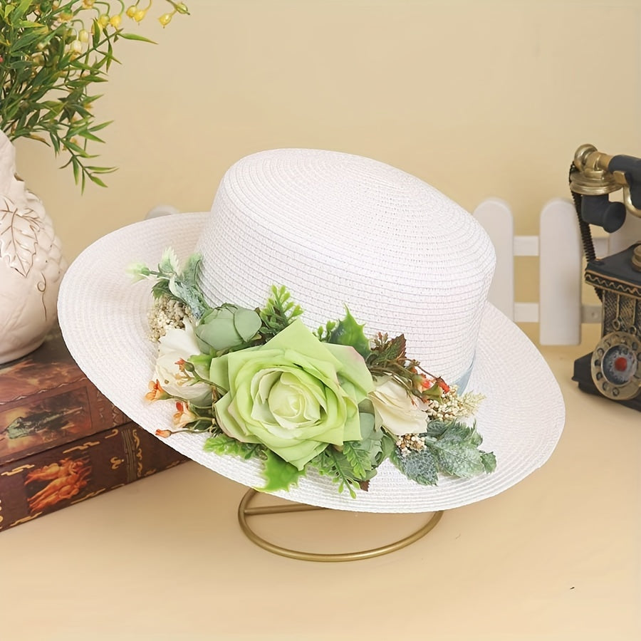 Handmade Flower Straw Hat Solid Color Elegant Beach Sunscreen Hat Small Top Hats Easter For Women