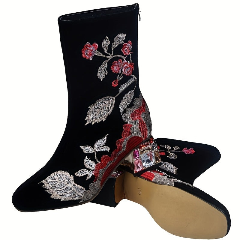 Women's Floral Embroidered Short Boots, Elegant Rhinestone Chunky Mid Heeled Boots, Fashion Baci Zipper Boots