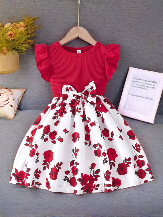 Elegant Rose Spliced Print Ruffle Sleeveless Dress For Girls, Bow Waist Color Spliced Casual Dresses, Gift