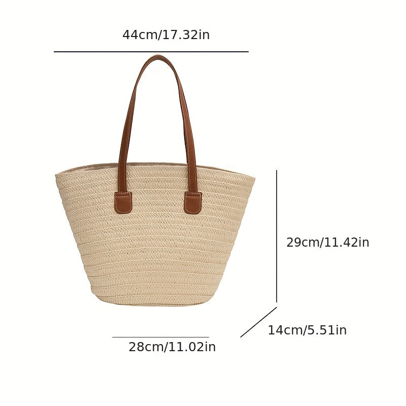 Woven Straw Tote Bag, Portable Double Handle Stylish Handbag, Zipper Braided Straw Slouchy French Style Beach Bag