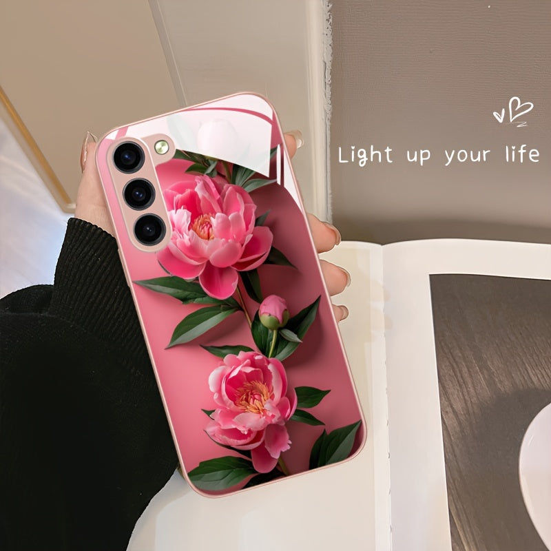 Pink Flower Glass Phone Case For SamSung For Galaxy Series - S24/S24 Plus/S24 Ultra, S23/S23 Plus/S23 Ultra, S22/S22 Plus/S22 Ultra, S21/S21 Plus/S21 Ultra/S21 FE, S20/S20 Plus/S20 Ultra, A03/A04, A13/A14/A22/A23/A25, A32/A33