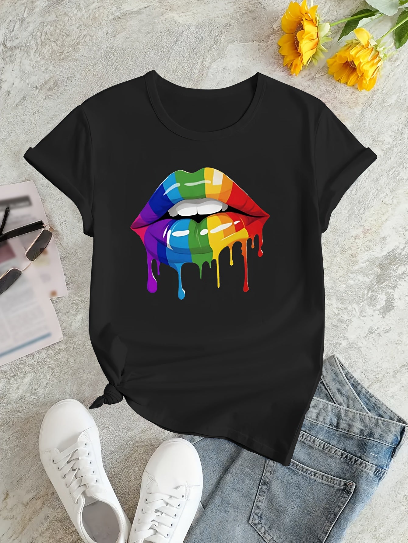 Colorful Lip Print T-shirt, Short Sleeve Crew Neck Casual Top For Summer & Spring, Women's Clothing