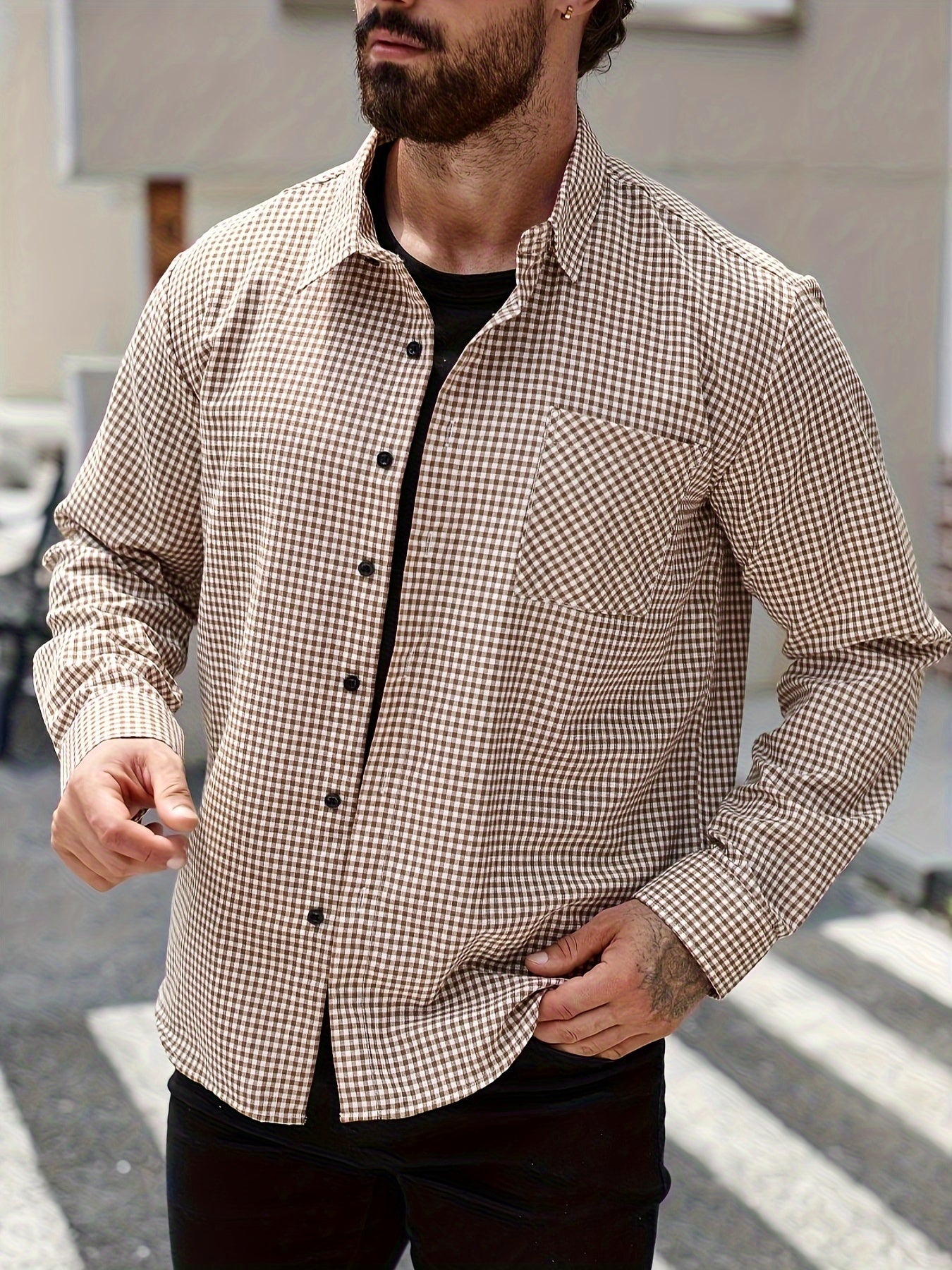 Men's Allover Plaid Long Sleeve Shirt For All Seasons, Casual Comfy Shirt As Gift