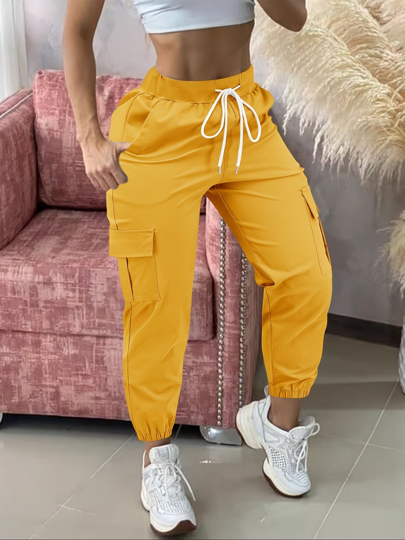 Women's Casual Cargo Pants with Drawstring - Solid Color Polyester Blend Comfort, Elastic Waist, Multiple Pockets, Fashion Utility Trousers for All Seasons