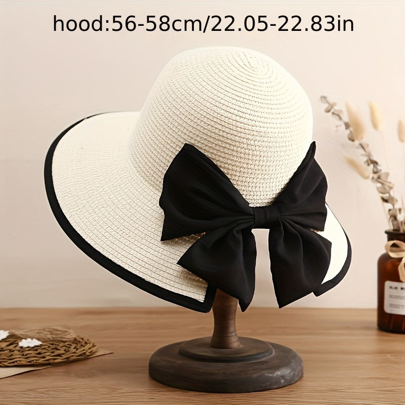 Black Bowknot Straw Hat Elegant Solid Coor French Style Sun Hats Trendy Travel Beach Hats For Women daily uses Summer Outdoor