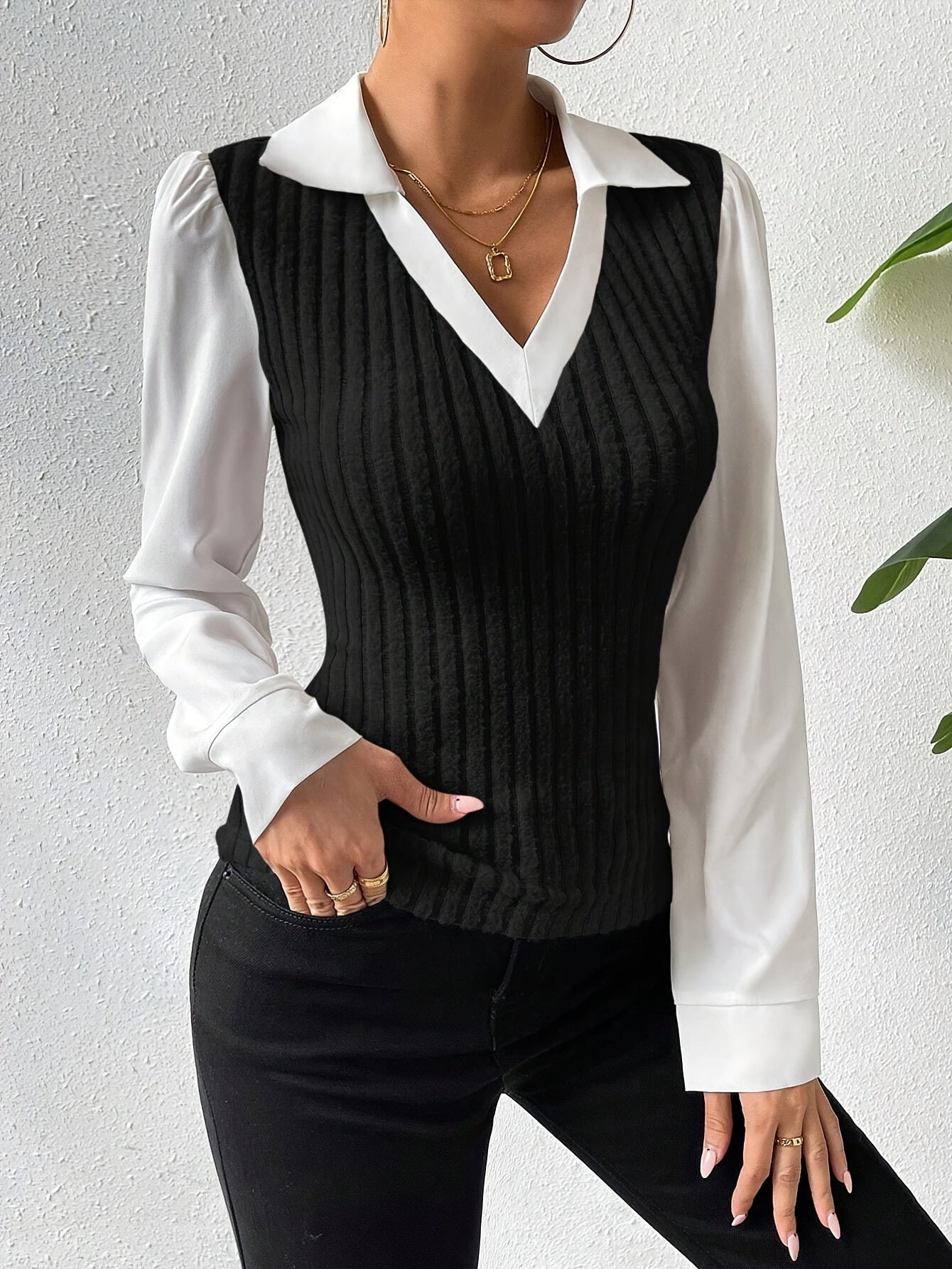 Color Block Collared Slim Blouse, Elegant Long Sleeve Blouse For Spring & Fall, Women's Clothing