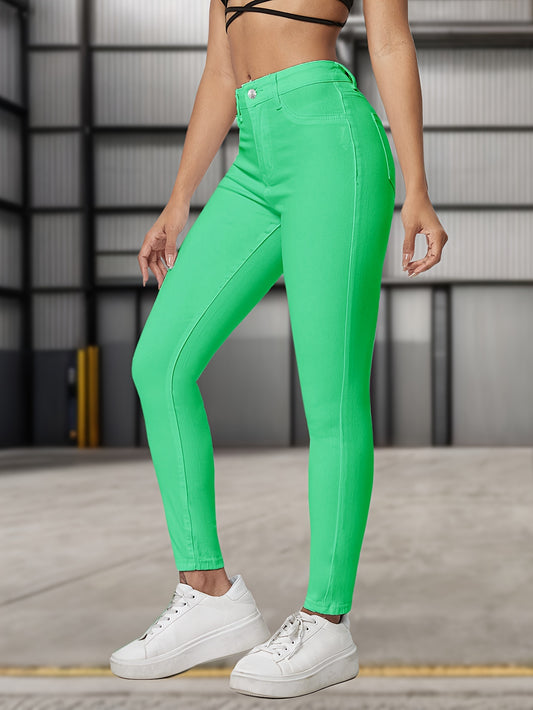 Women's Plain Neon Green Skinny Jeans, High-Waisted, Stretchy Fabric, Slim Fit, Elegant Style, Casual Denim Pants for autumn