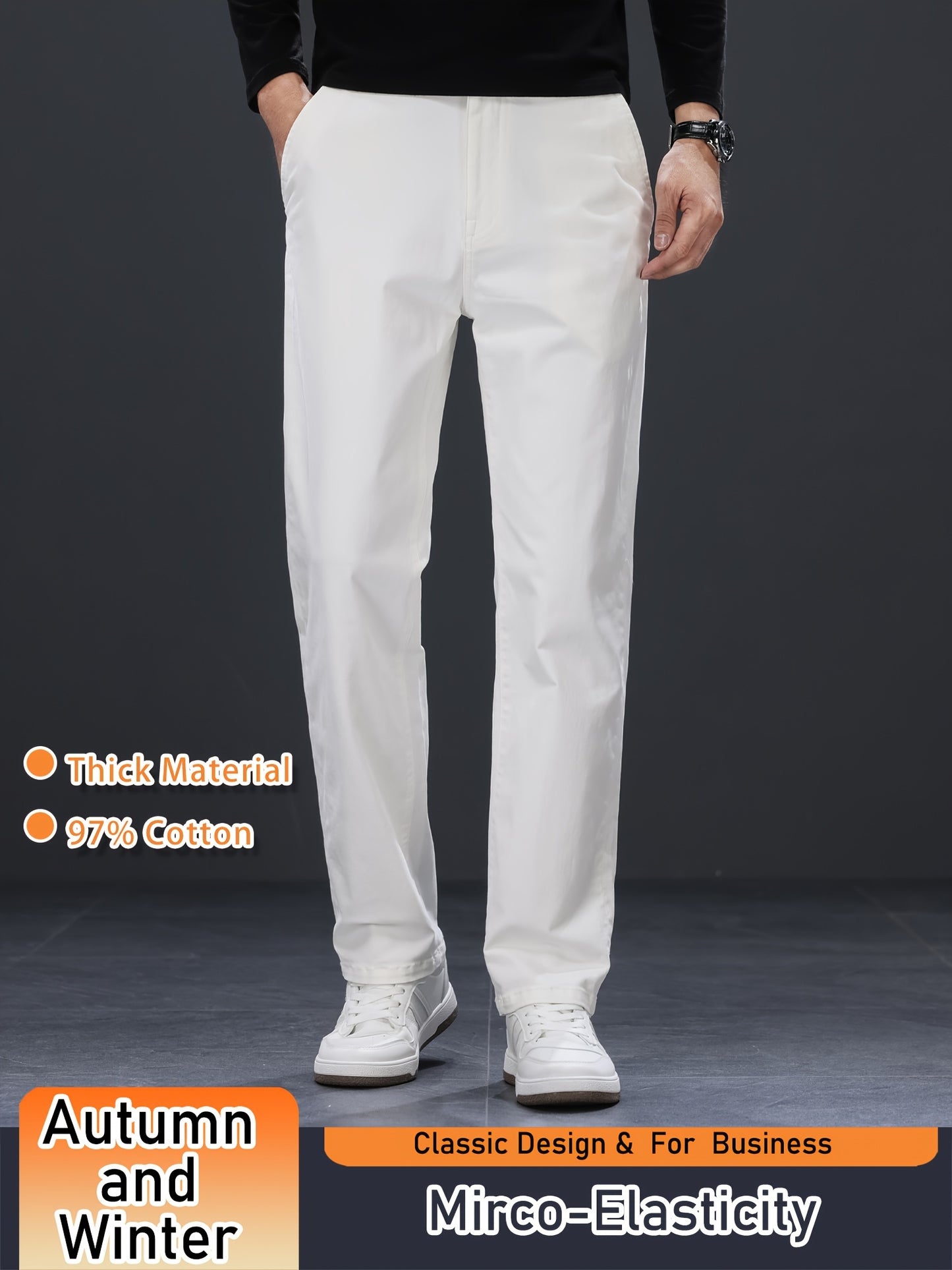 Men's Business Casual Trousers, Thickened Autumn/Winter Warm Straight-Leg Pants, Cotton Blend, Light Business Style, Stretch Fabric, Solid Color, Regular Fit, Mid-Waist, Regular Length, Woven Fabric