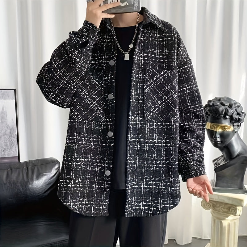 Men's Vintage Plaid Loose Shirt With Chest Pockets, Casual Lapel Button Up Long Sleeve Loose Shirt For Spring Fall K-pop