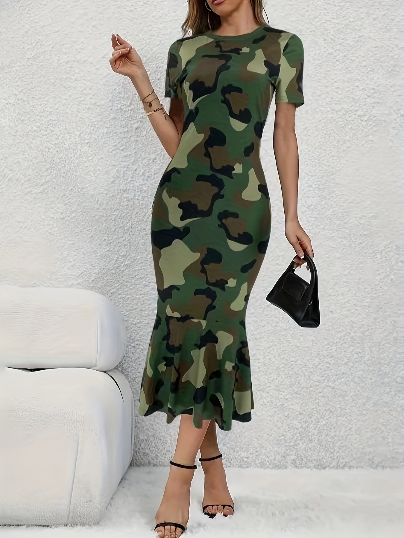 Camouflage Print Crew Neck Tank Dress, Casual Fishtail Hem Sleeveless Midi Dress For Spring & Summer, Women's Clothing