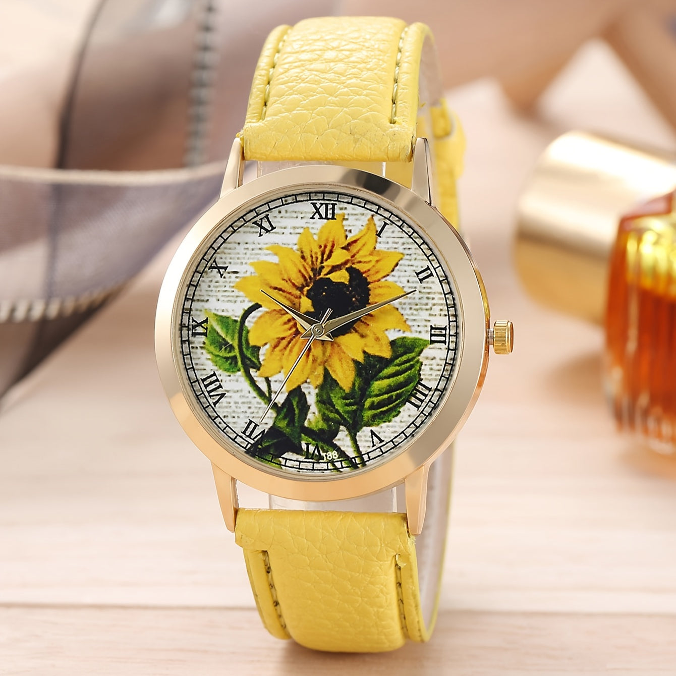 6pcs/set Sunflower Glamour Quartz Watch & Rhinestone Jewelry Set - Stylish Analog PU Leather Wristwatch for Casual Wear, Ideal Gifts for Women and Moms