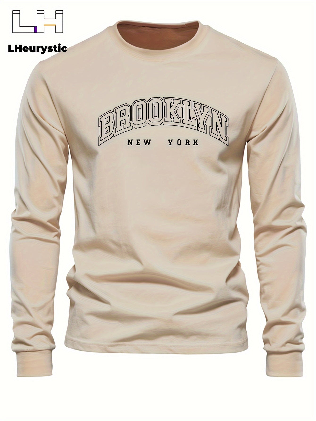 BROOKLYN NEW YORK Print, Men's Graphic Design Crew Neck Long Sleeve T-shirt, Casual Comfy Shirts For All Seasons, Men's Flexible Clothing Tops