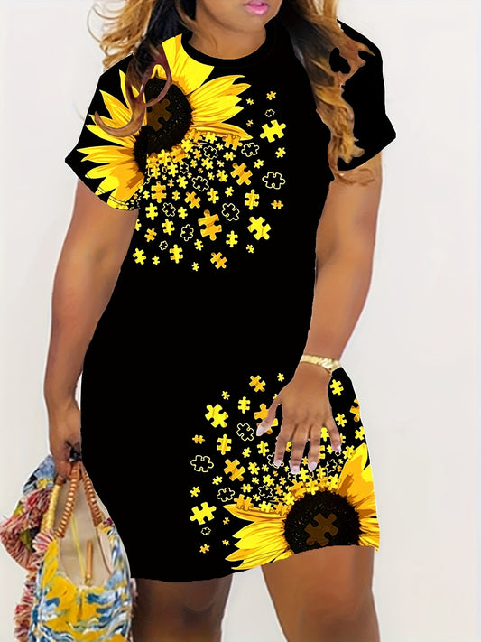 Plus Size Sunflower Print Tee Dress, Casual Short Sleeve Crew Neck Dress For Spring & Summer, Women's Plus Size Clothing