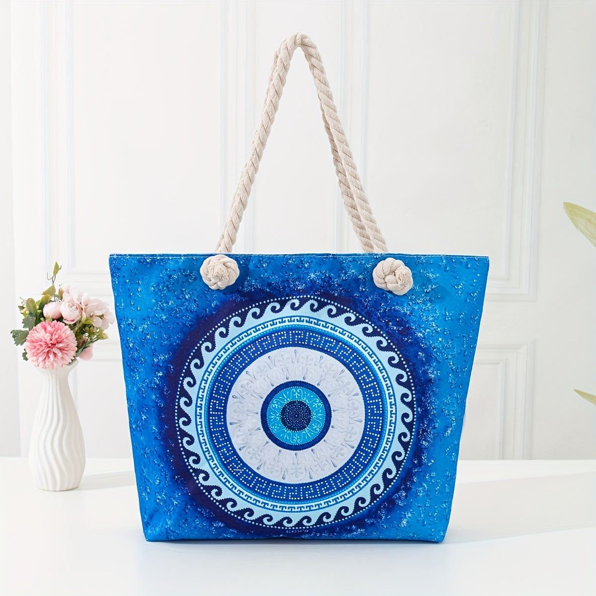 Large Capacity Ethnic Style Beach Bag with Evil Eye Graphic - Perfect for Halloween Festivals and Vacation Getaways