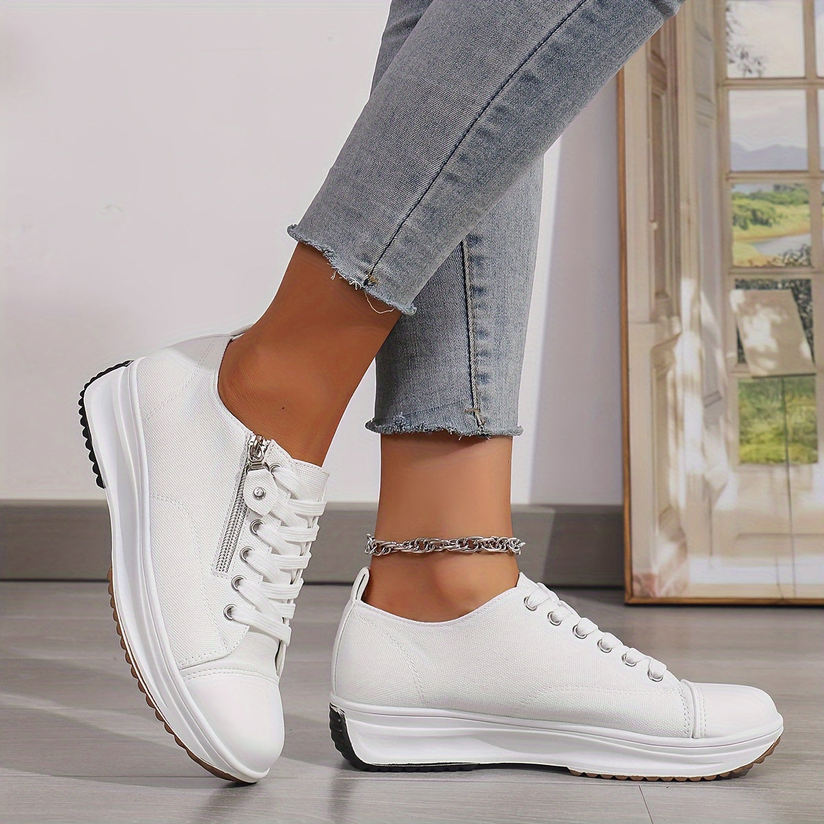 Women's Classic Solid Color Canvas Fashion Sneakers - Low Top Casual Shoes with Lace-Up Closure, Breathable Fabric Upper and Lining, Plain Toe Design, Durable Rubber Sole, Comfortable All-Season Footwear