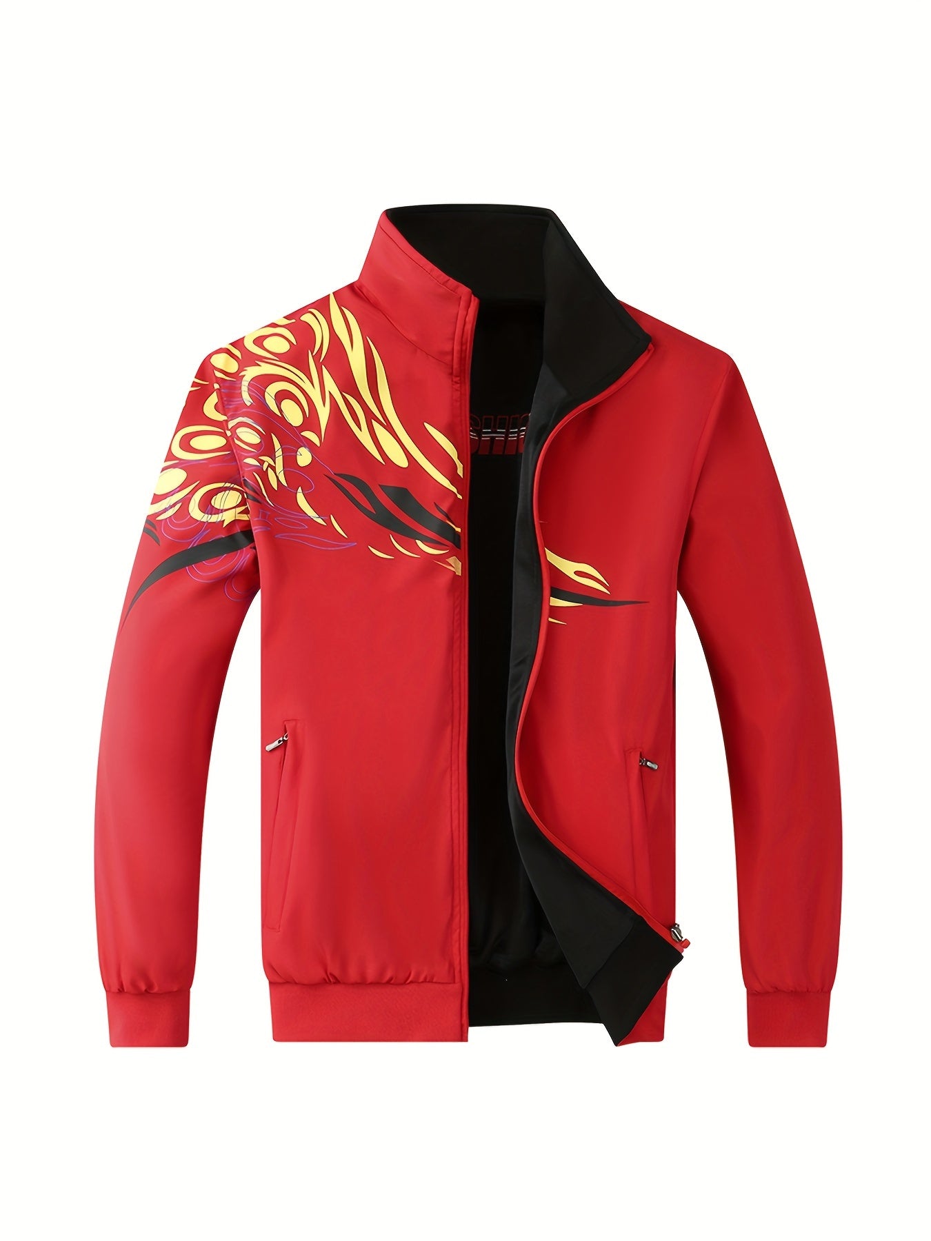 Men's Fashion Athletic Reversible Jacket With Geometric Print - Lightweight Spring/Autumn Stand Collar Jacket With Pockets