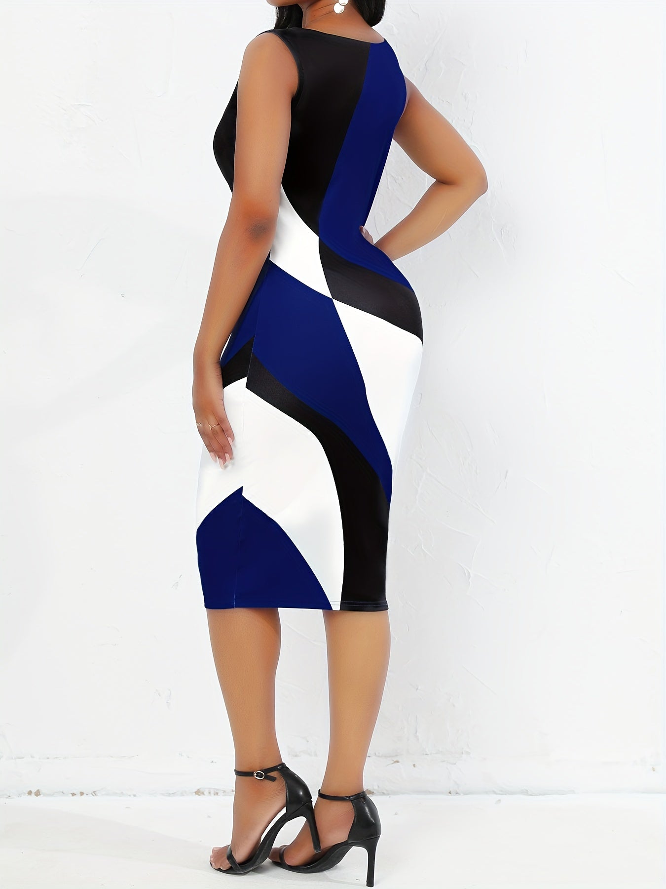 Color Block Notched Neck Dress, Elegant Bodycon Sleeveless Dress, Women's Clothing