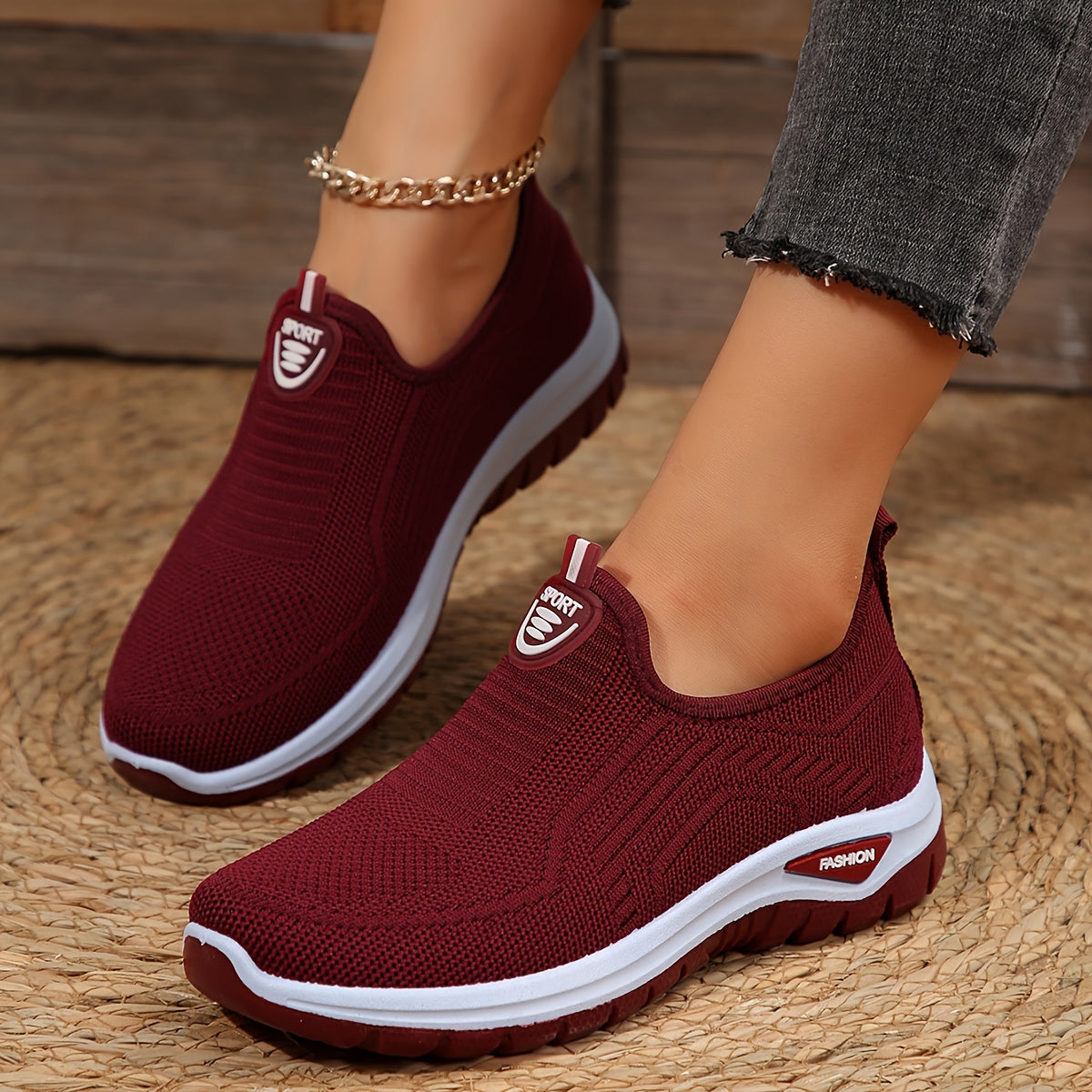 Women's Breathable Knit Sneakers, Casual Slip On Outdoor Shoes, Comfortable Low Top Shoes