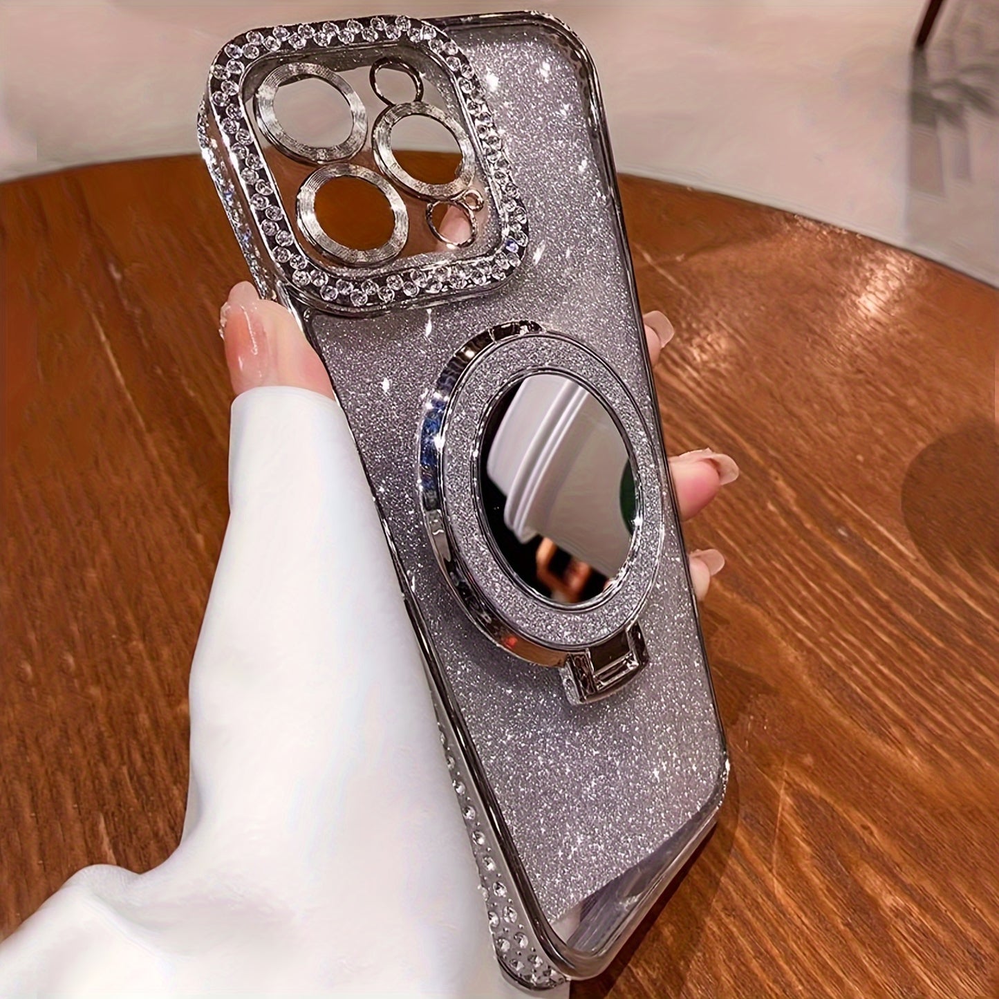 New Luxury High-Grade Glitter Double Row Diamond Mirror Magnetic Bracket All-Inclusive Lens Mobile Phone Case Suitable for Apple for Iphone 16 15 14 13 12 11 Pro Max / Niche Transparent Anti-Fall Soft Glue Protective Back Cov