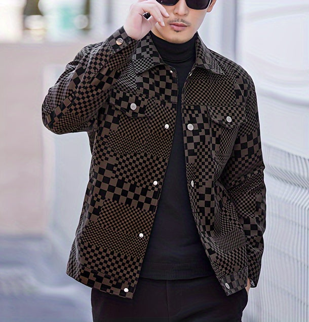 Men's Casual Checkerboard Pattern PU Leather Jacket, Button Up Lapel Jacket