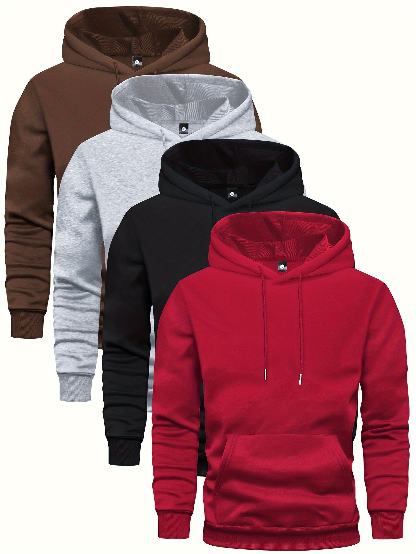 4 Pcs Men's Solid Hoodie With Kangaroo Pocket, Casual Long Sleeve Hooded Sweatshirt For Outdoor