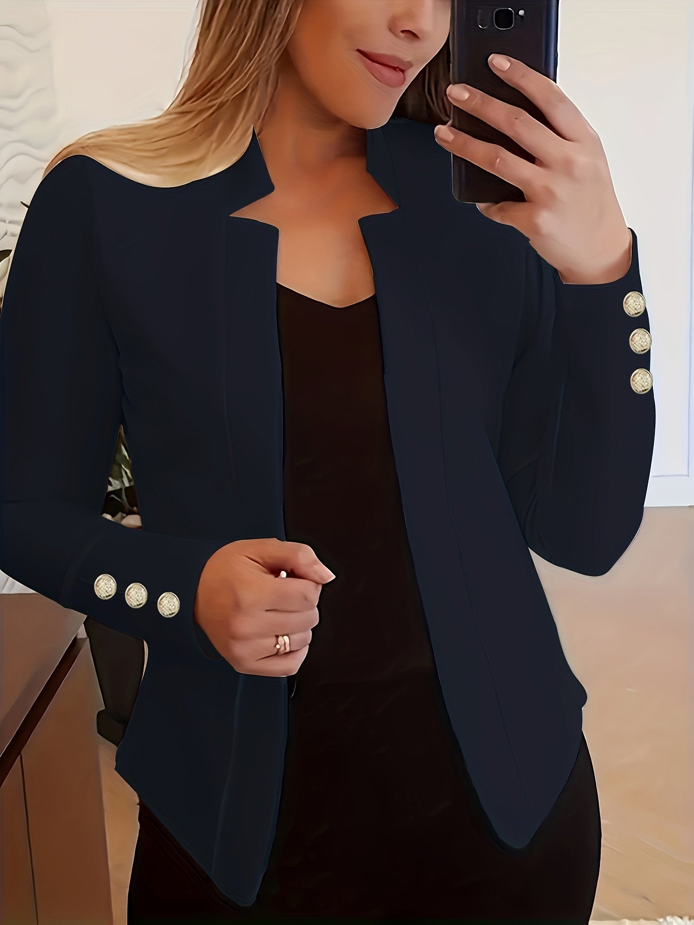 Solid Open Front Button Decor Blazer, Elegant Long Sleeve Blazer For Office & Work, Women's Clothing