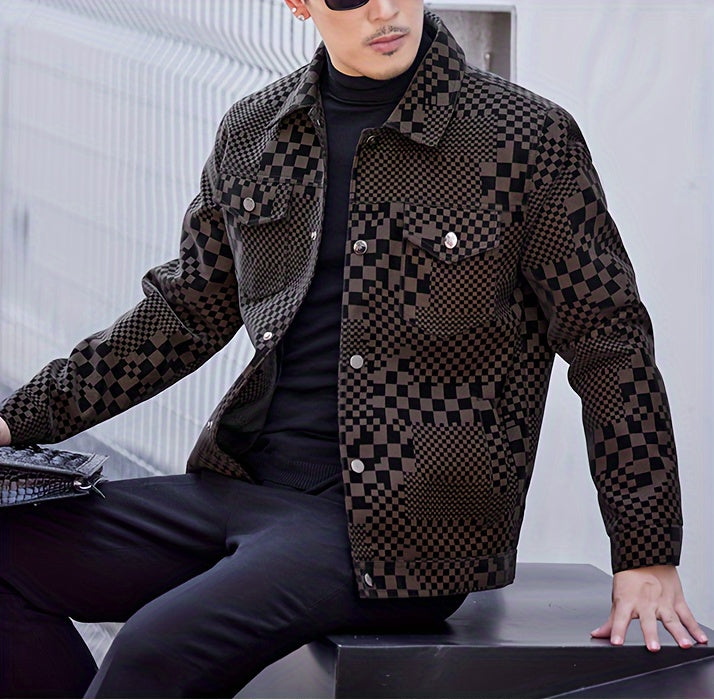 Men's Casual Checkerboard Pattern PU Leather Jacket, Button Up Lapel Jacket