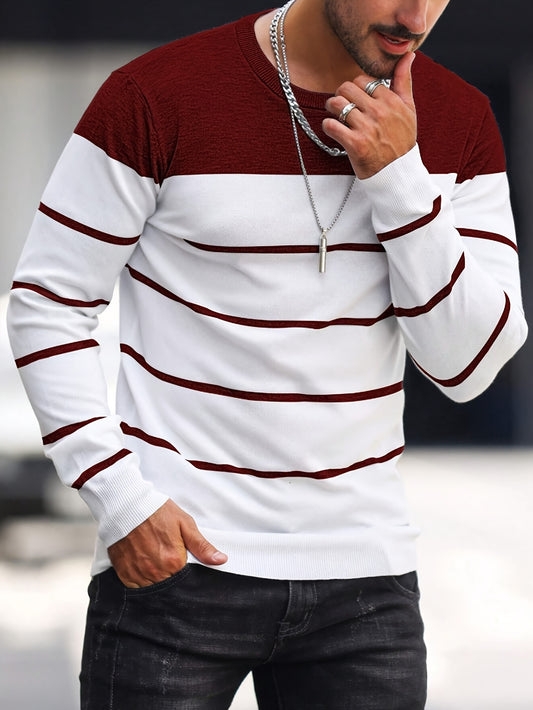 New 2024 Men's Small Striped Knit Sweater, Round Neck Pullover Men's Warm Top