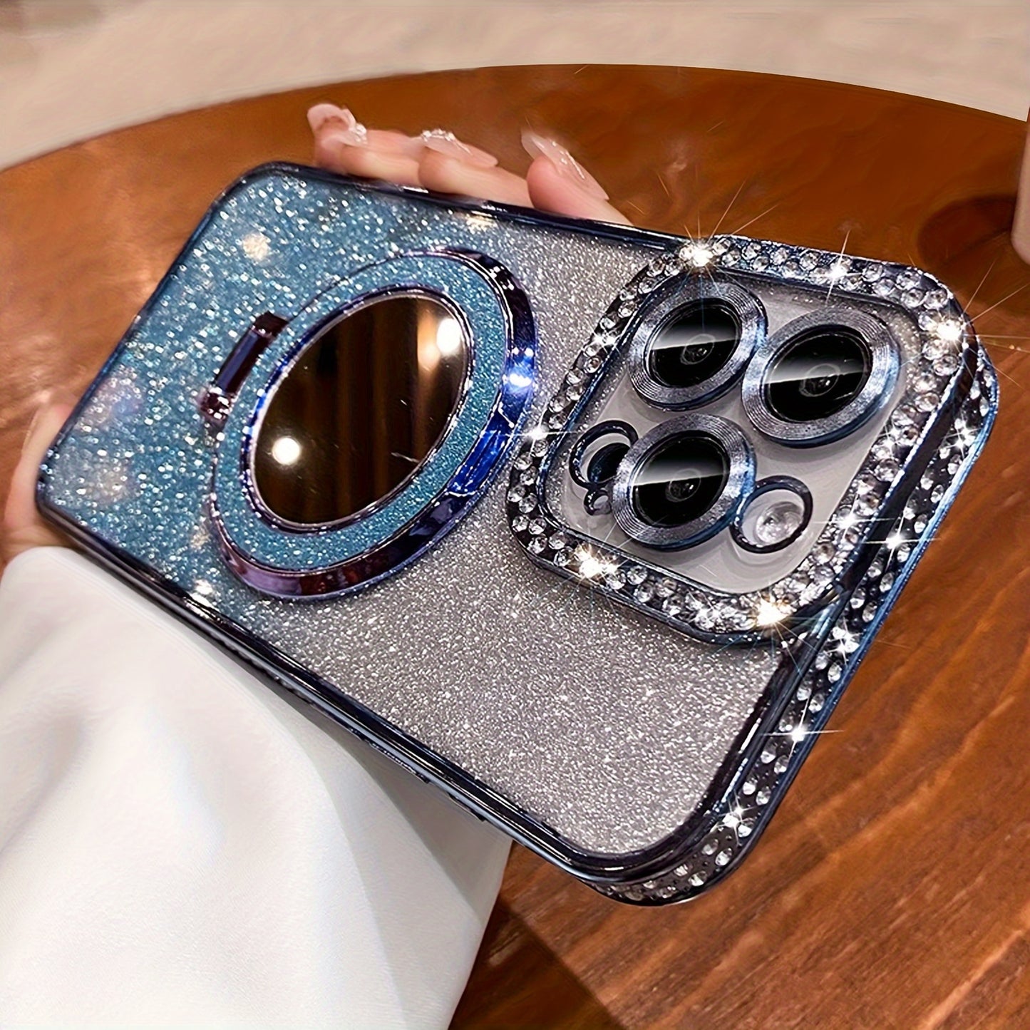 New Luxury High-Grade Glitter Double Row Diamond Mirror Magnetic Bracket All-Inclusive Lens Mobile Phone Case Suitable for Apple for Iphone 16 15 14 13 12 11 Pro Max / Niche Transparent Anti-Fall Soft Glue Protective Back Cov