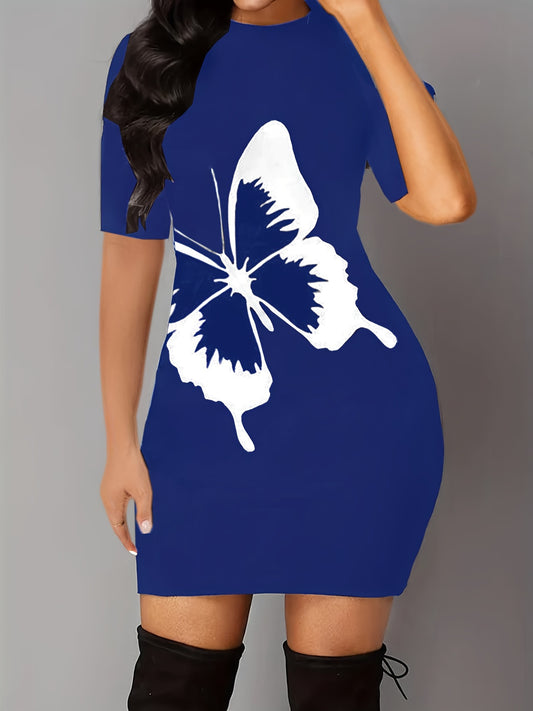 Butterfly Print Crew Neck Dress, Elegant Bodycon Short Sleeve Dress For Spring & Summer, Women's Clothing