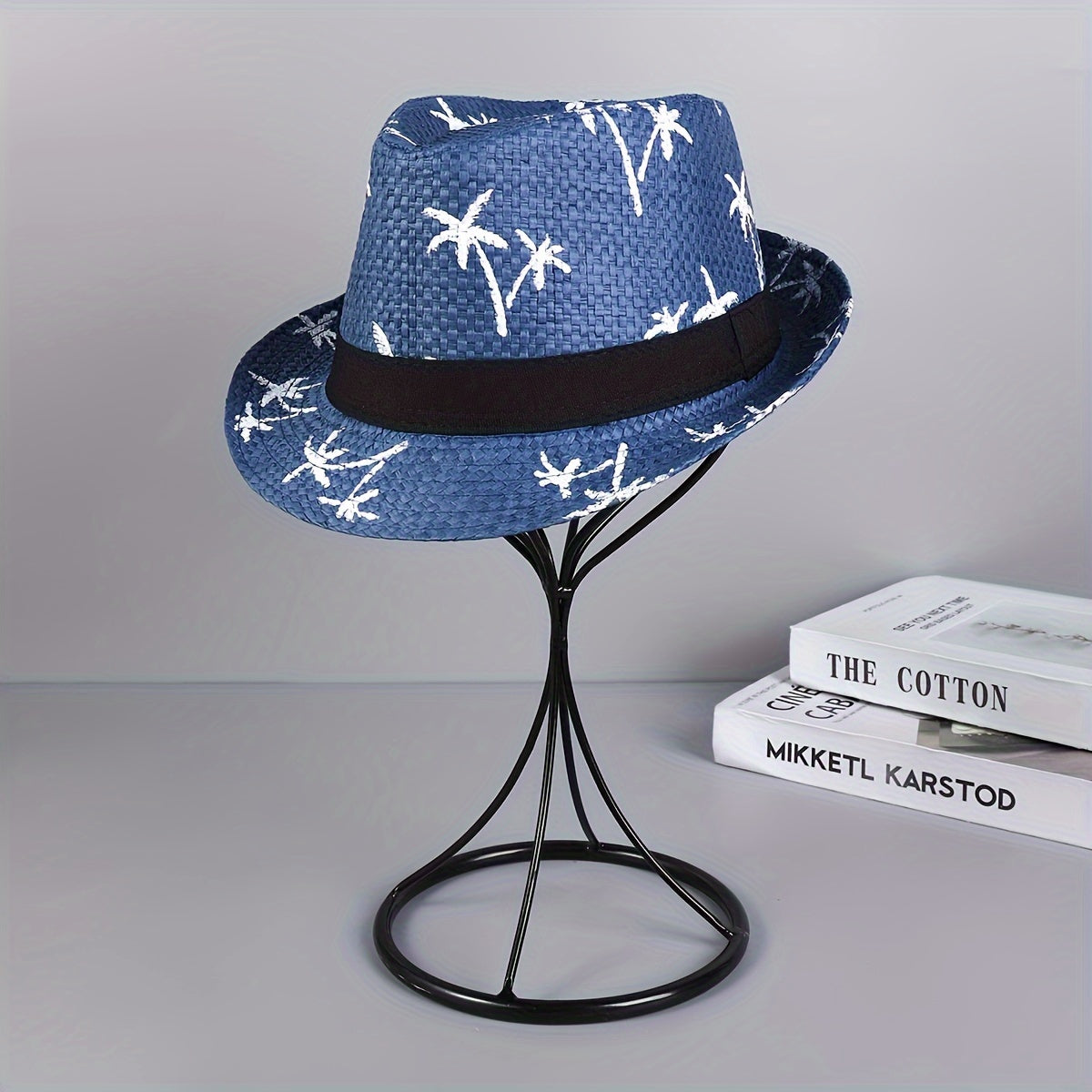 4-Piece Set of Men's Panama Straw Hats with Palm Tree Pattern - Suitable for Beach, Sun, and Style