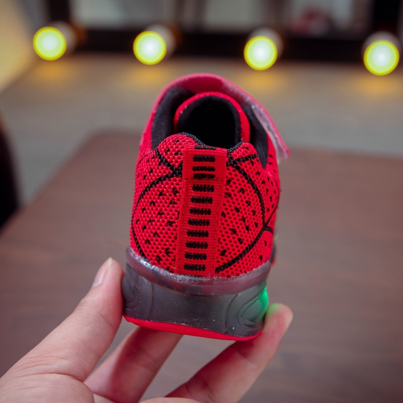 Casual Cool Spider Net Woven Shoes With LED Light For Boys, Breathable Non-slip Sneakers For Walking Running Training