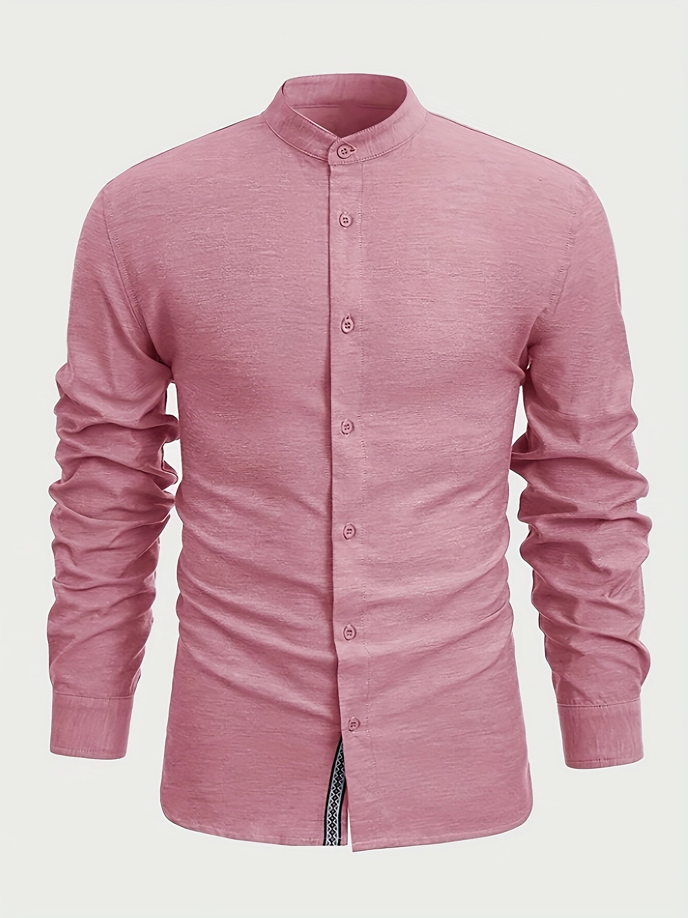 Men's Solid Color Cotton Blend Long Sleeve Lapel Stand Collar For Spring And Fall, Casual Comfy Trendy Shirt As Gift