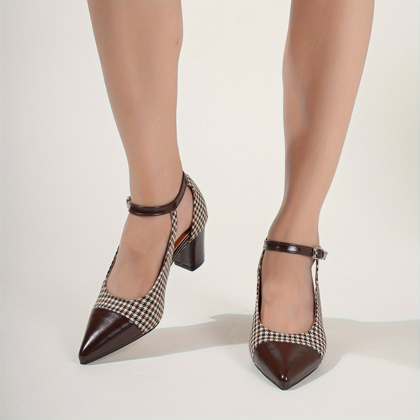 Women's Houndstooth Pattern Shoes, Ankle Buckle Strap Chunky Heel Soft Sole Shoes, Elegant Point Toe Dress Shoes