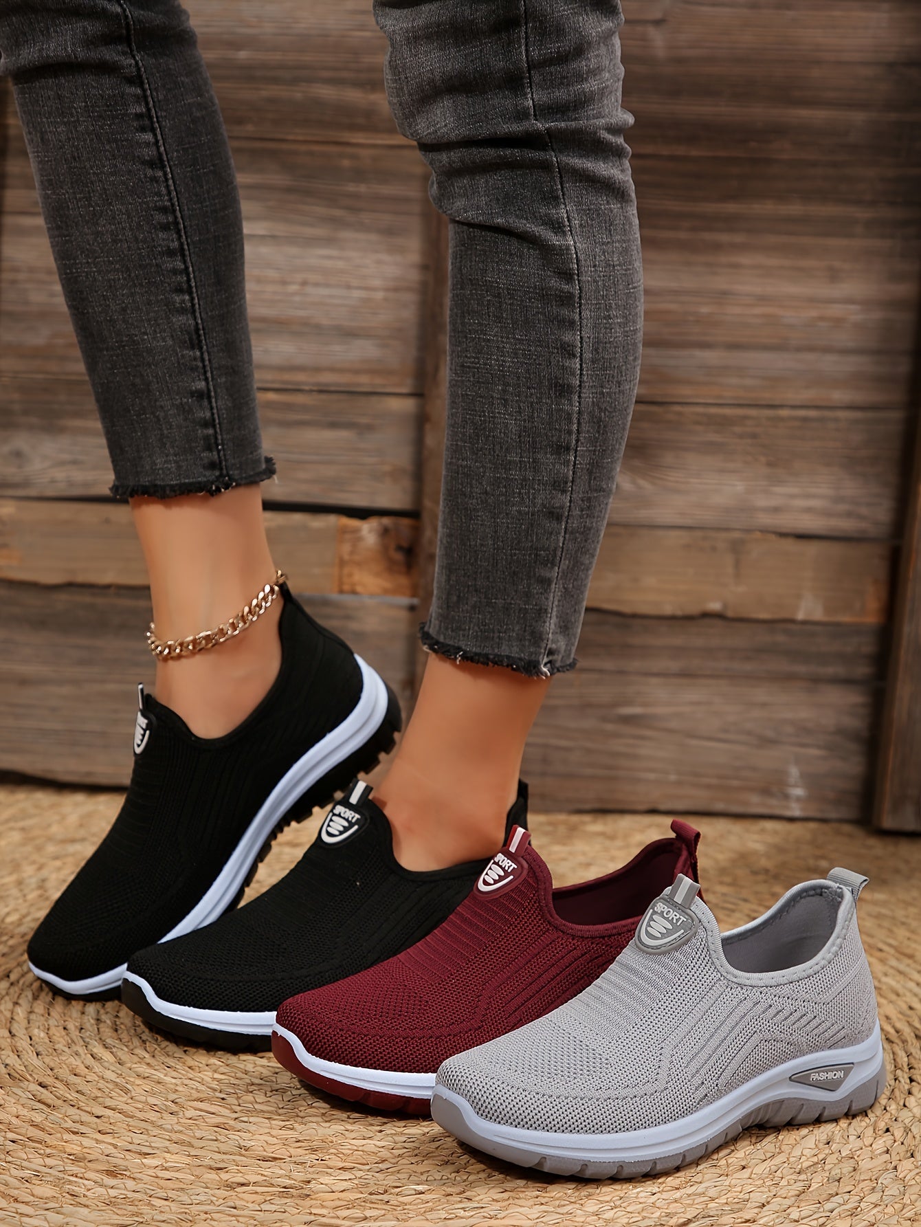 Women's Breathable Knit Sneakers, Casual Slip On Outdoor Shoes, Comfortable Low Top Shoes