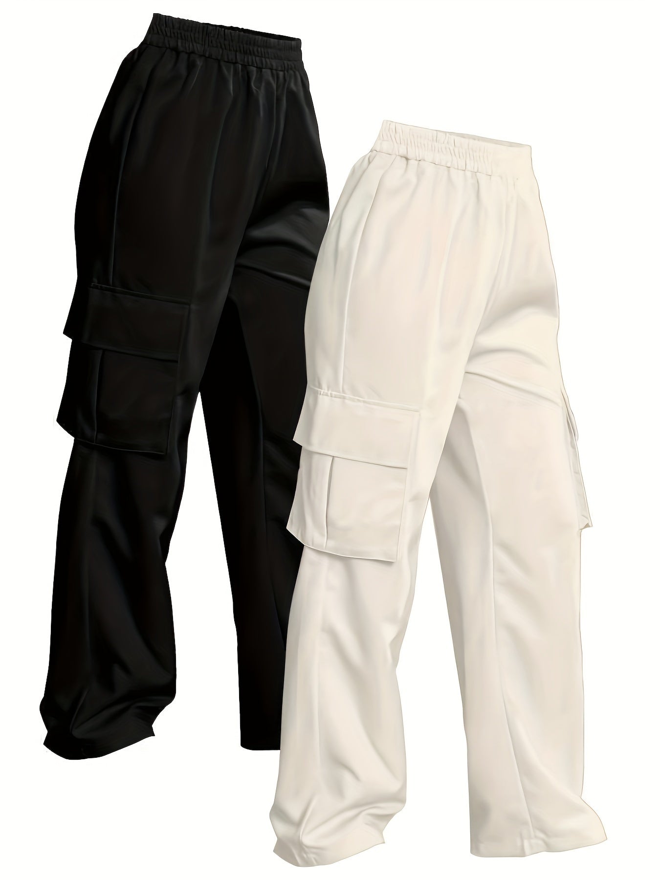 Solid Color Cargo Pants 2 Packs, Casual Elastic Waist Wide Leg Flap Pockets Pants, Women's Clothing