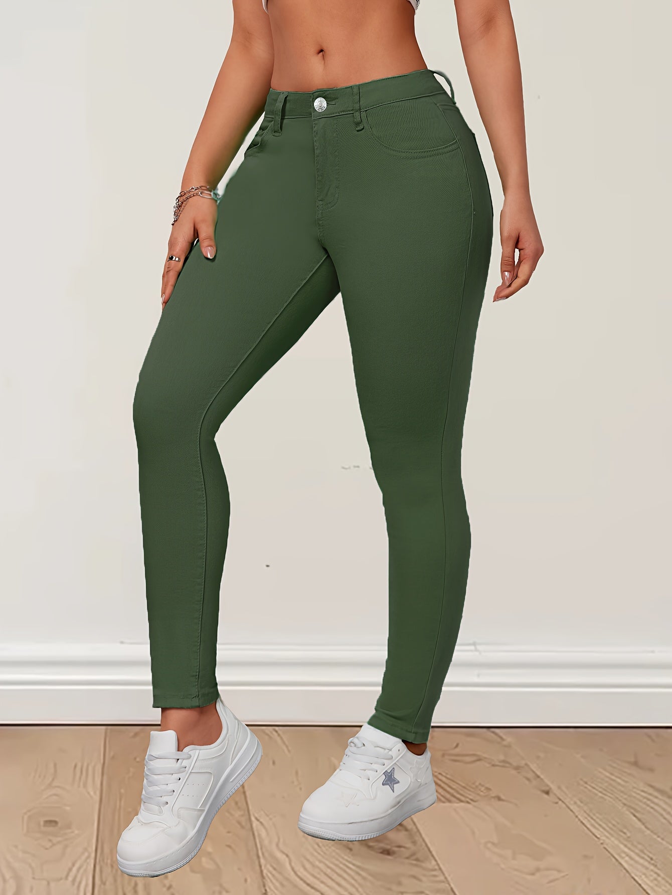 Army Green High-Waist Stretchy Skinny Pants for Women - Cotton Spandex Blend, Elegant Slim Fit with Button Detail, Non-Transparent, Long Length, Available in XS to XXL, Machine Washable