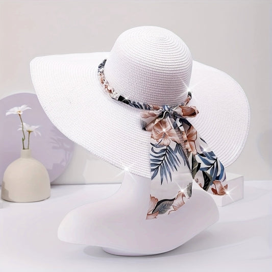 Chic Oversized Brim Sun Hat For Women - White With Pearl & Tropical Print Bow, Perfect For Beach Vacations & Summer Travel