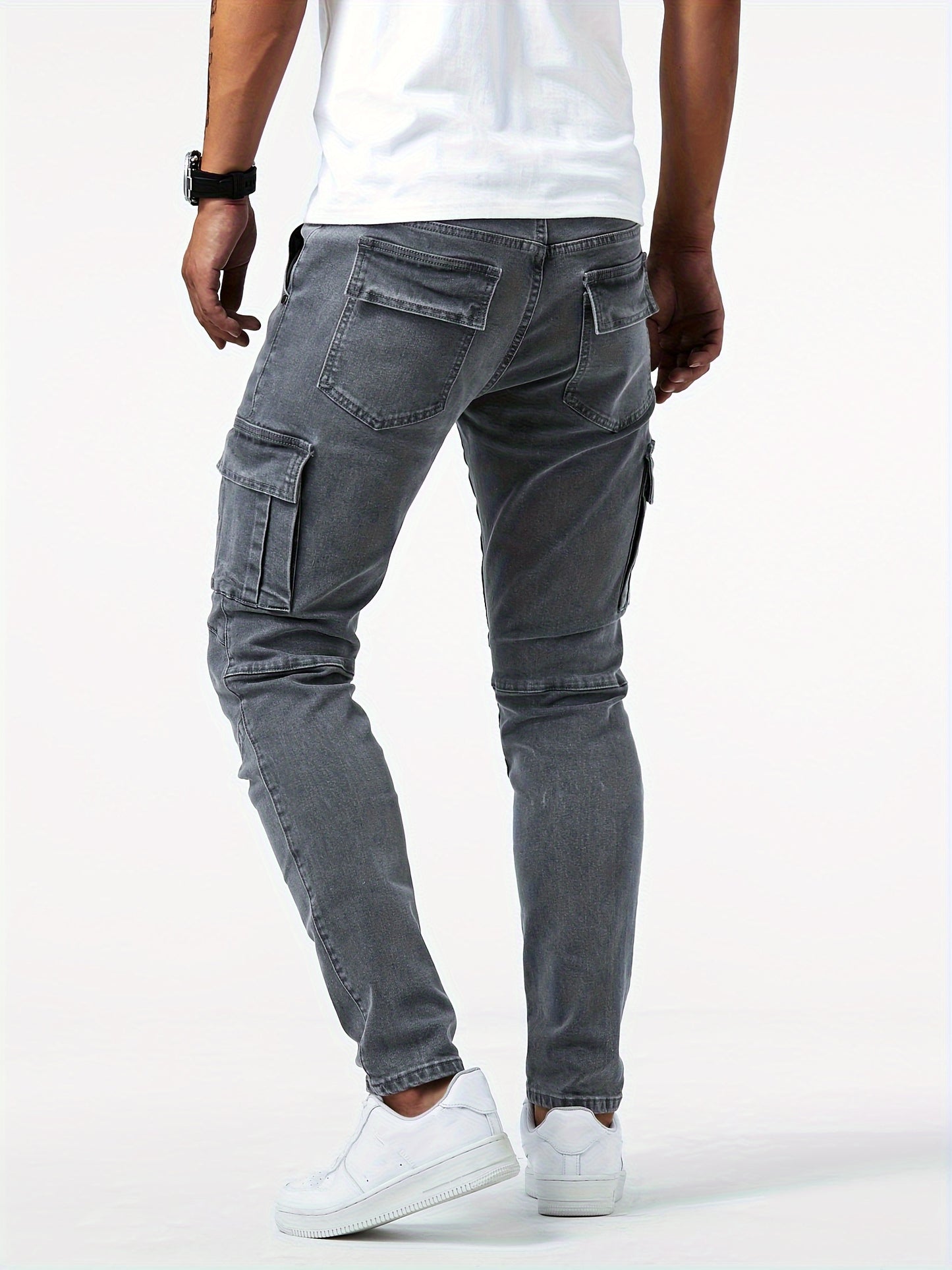 Slim Fit Multi Pocket Jeans, Men's Casual Street Style High Stretch Denim Cargo Pants