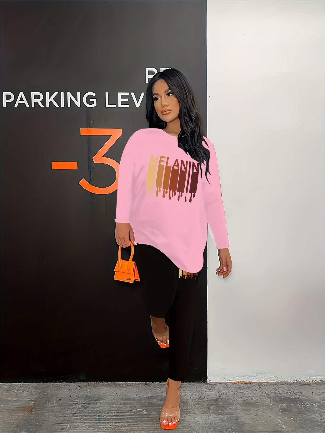 Melanin Letter Print Two-piece Set, Crew Neck Long Sleeve Tops & Long Length Pants Outfits, Women's Clothing