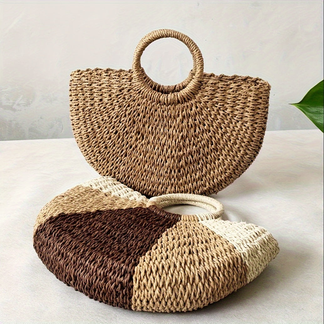 Vintage Straw Woven Handbags, Boho Style Crossbody Bag, Half Round Summer Beach Bag