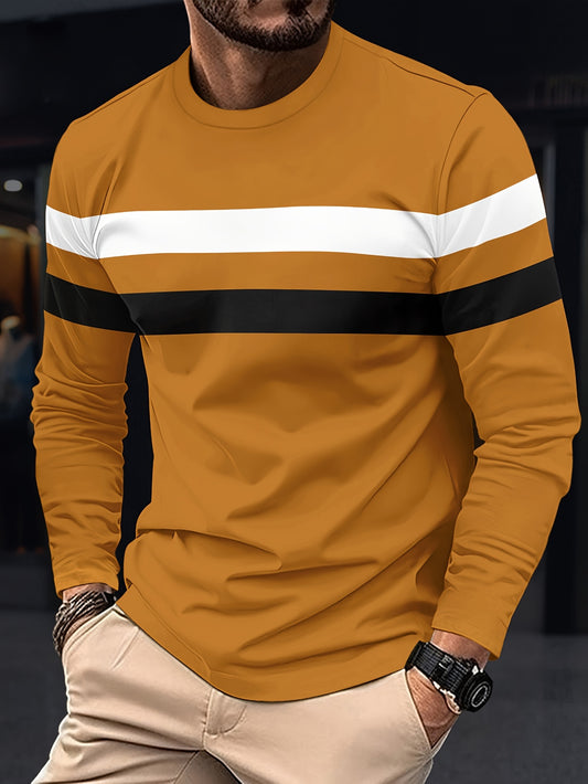 Men's Color Block T-shirt, Men's Comfy Long Sleeve Crew Neck Tee, Men's Clothing For Outdoor Activity