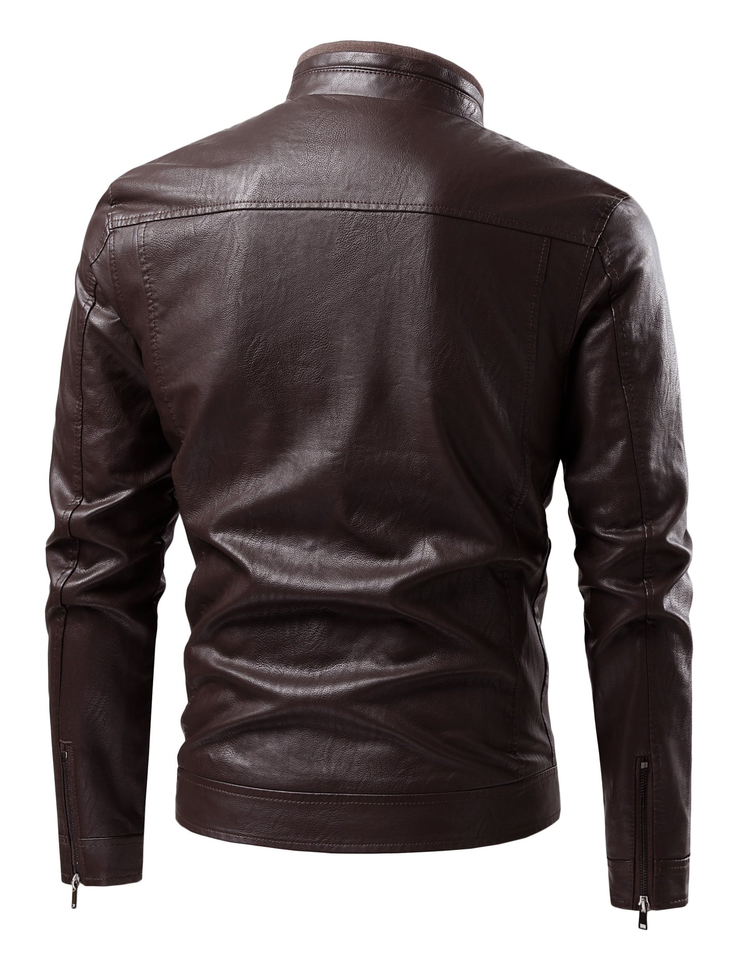 Men's PU Leather Jacket With Multi Zipper Pockets, Casual Stand Collar Zip Up Long Sleeve Jacket For Outdoor